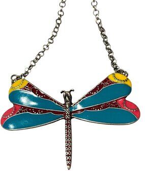 Dragonfly Pendant Necklace Multicolor Enamel Silver-Tone Bohemian Nature Inspire
